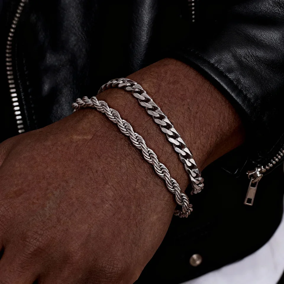 

2pcs Men's Chain Bracelets,Stainless Steel Silver Gold Black Color Twist Rope Chain Wristband,Trendy Cuban Link Chains Gift