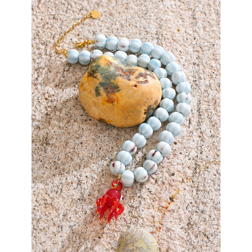Blue Octopus Pendant Necklace with Ceramic Beads Chain