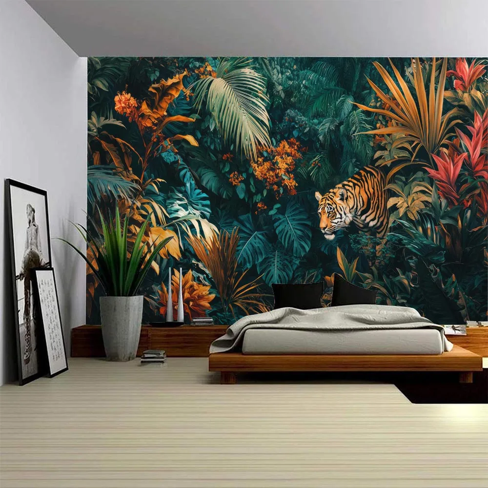 Tiger in Jungle Wall Tapestry - Modern Wildlife Art Nature Decor for Bedroom Animal Print Forest Theme Home Decoration Poster