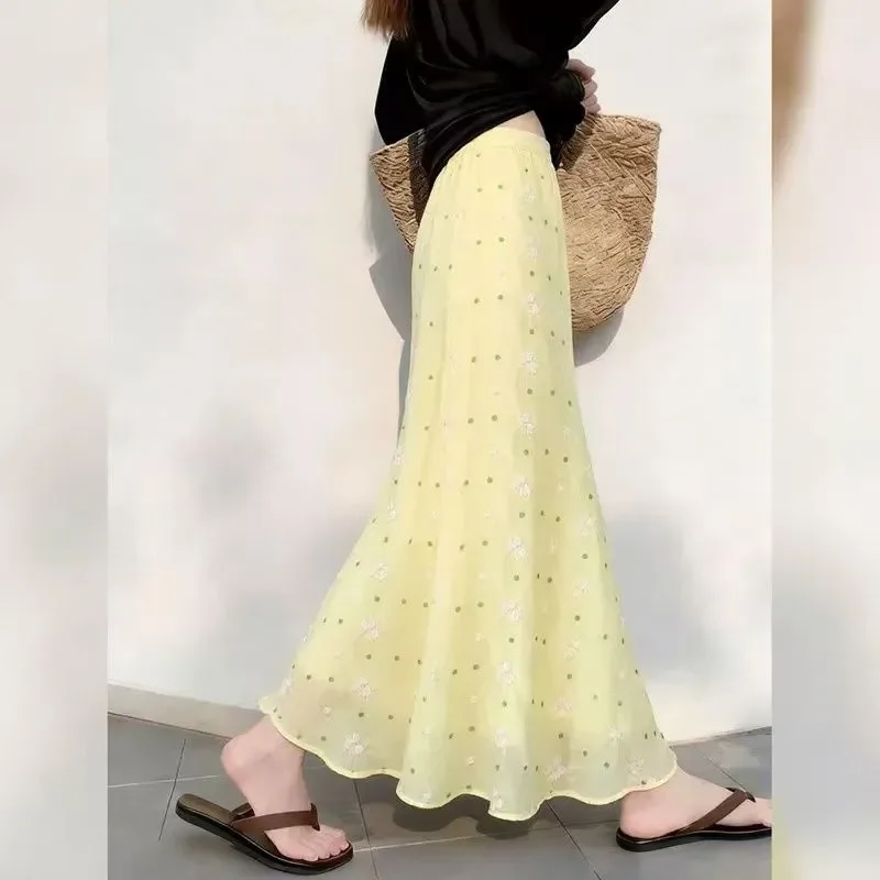 Women's Floral Polka Dot Maxi Skirt, High Waist Flowy A-line Long Skirt, Casual Yellow Chiffon Swing Skirt