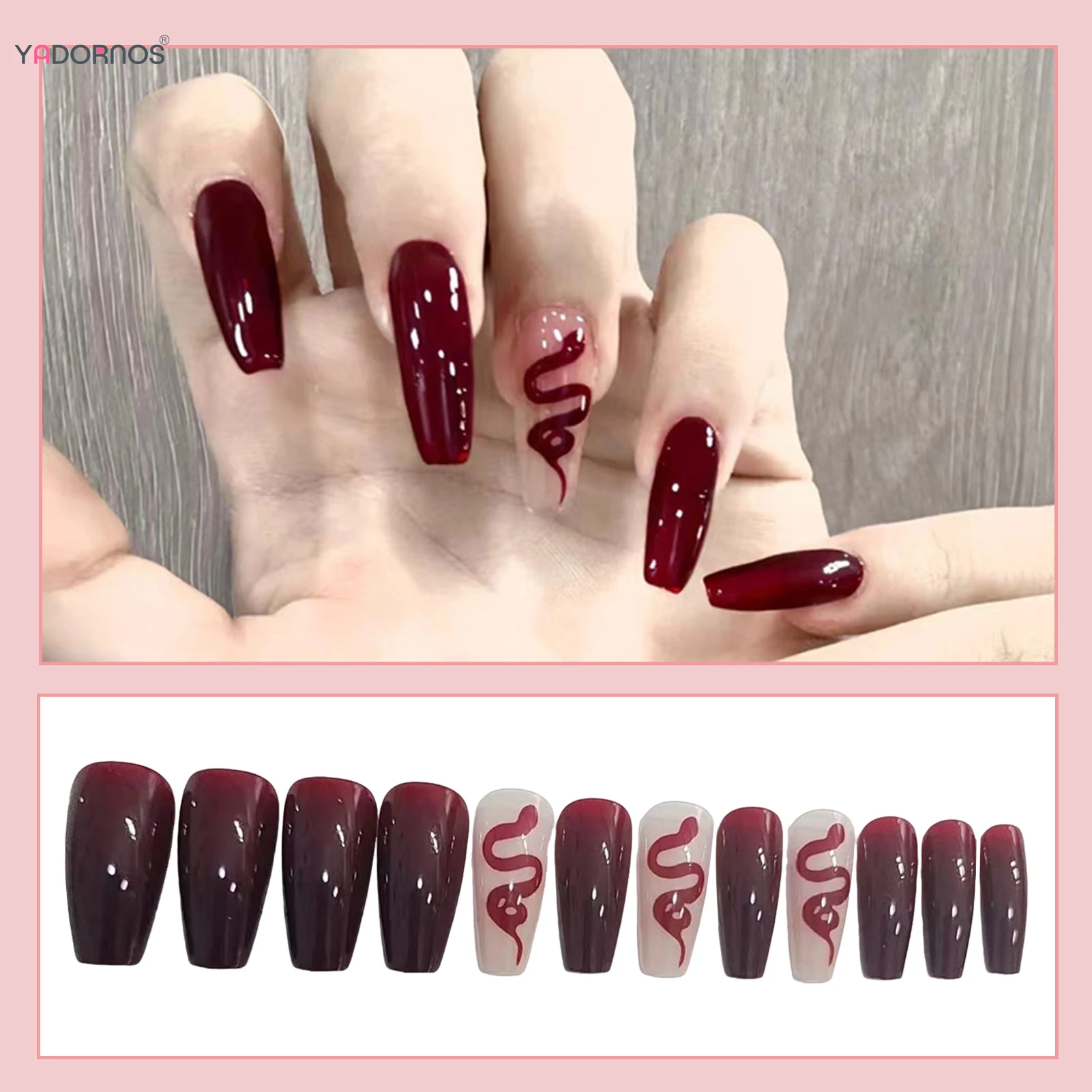 24pcs Long length Fake Nails For Cool Girls Removable Full Cover Wine Red Artificial Nail For Salon Expert And Naive Women