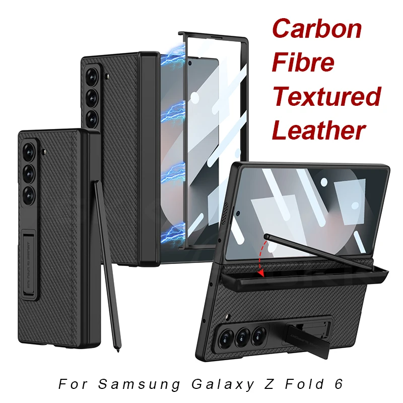 Carbon Fibre Textured Leather Case For Samsung Galaxy Z Fold 6 Magnetic Hinge Pen Holder Plastic Cover For Galaxy Z Fold6 Case