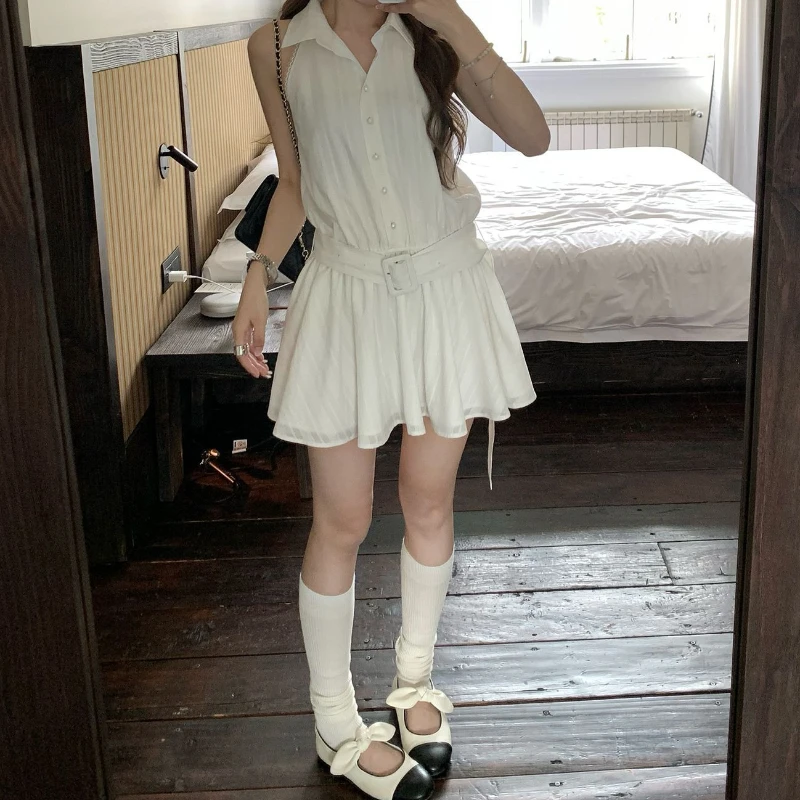 

Sleeveless Shirt Dress, Women's Summer New Style, Waist Cinching and Slimming Temperament, A-line Fluffy Short Skirt