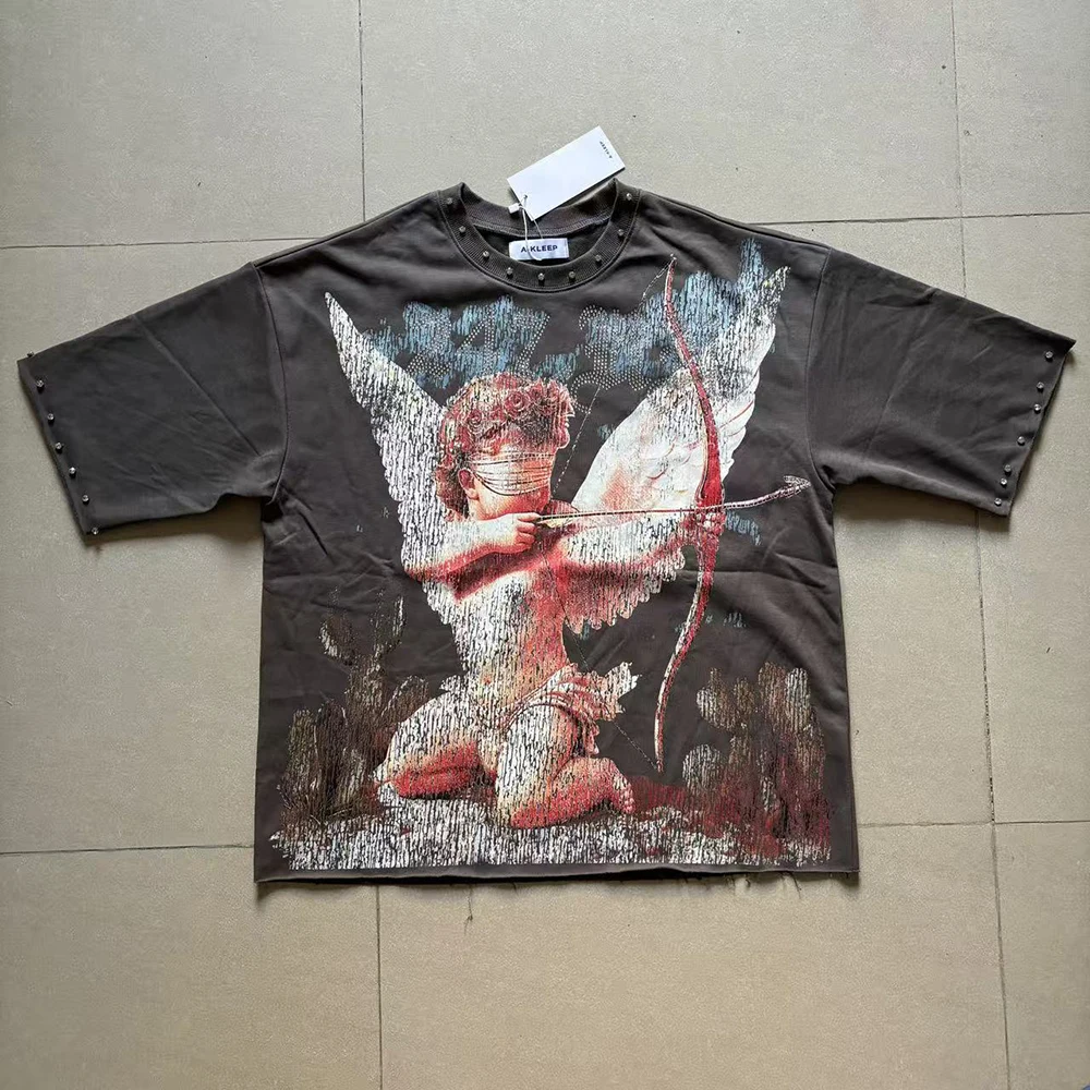 Streetwear Cupid Arrow Shinning Diamond Cotton T-shirt for Men and Women Washed Vintage Short Sleeve Top Tees Oversized