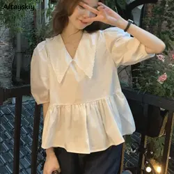 Peter Pan Collar Blouses Women Baggy Ruffles Elegant Puff Sleeve Streetwear Simple Summer Clothing Sweet Daily Vacation Basics