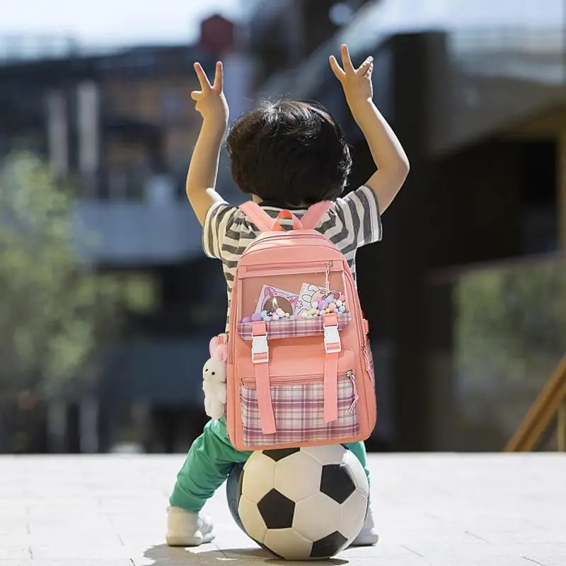 Set tas sekolah 4 buah, tas sekolah dengan liontin kelinci, tas bahu, tas tangan, kantung pena, tas sekolah