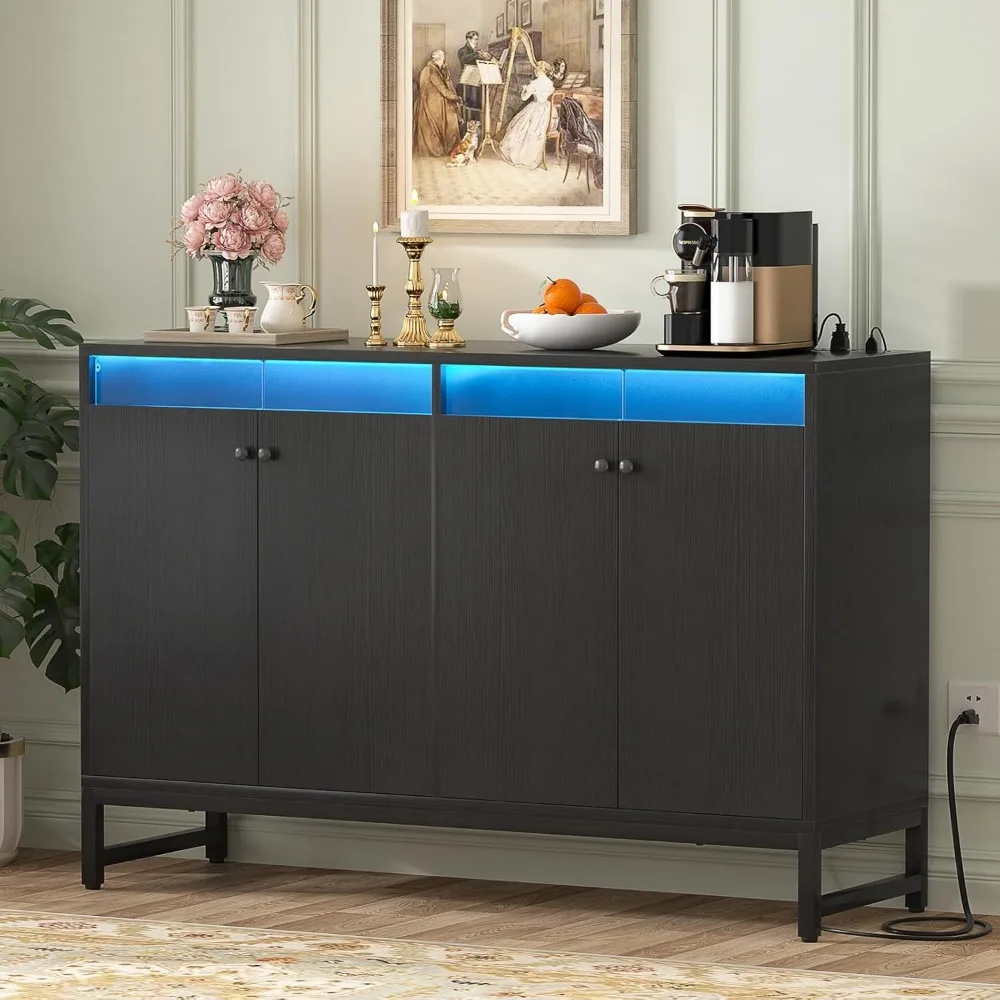 Sideboard Buffet Cabinet with Power Outlet, Kitchen Storage Cabinet with LED Light & Doors, Accent Cabinet Cupboard Buffet Table