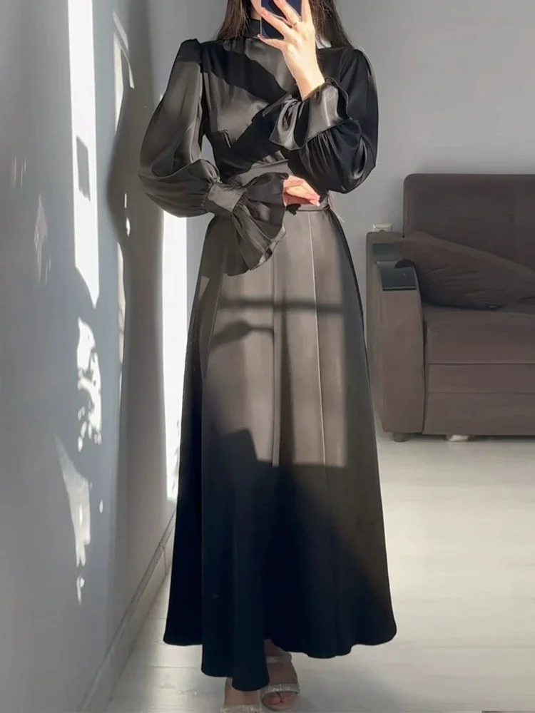 Robe longue en Satin pour femmes, mode printemps-automne, Simple, col rond, manches évasées, à lacets, coupe cintrée, Sexy, robe de soirée
