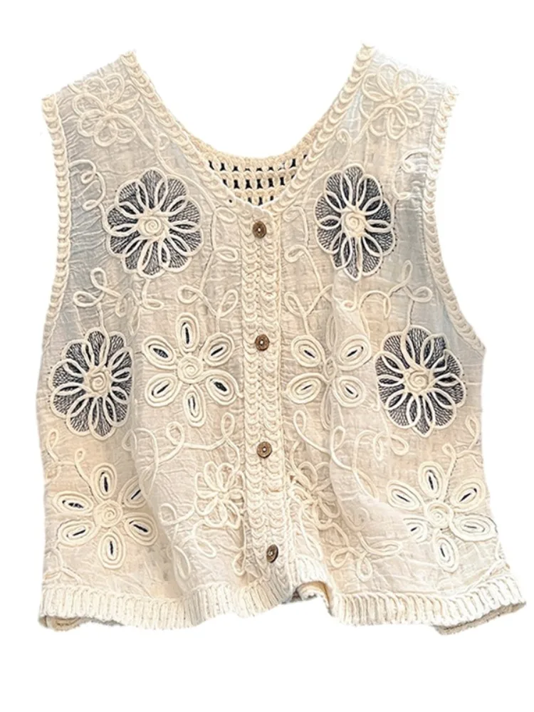 Wyrafinowany haft, ażurowy, dzianinowy top bez rękawów, damski letni top w stylu koreańskim, luźny krój, detale z guzikami, dekolt w serek.