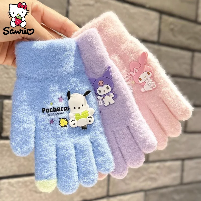 Dziecięce rękawiczki Sanrio pluszowe Kuromi rękawiczki odporne na zimno moja melodia Cinnamoroll rękawiczki z pięcioma palcami Pochacco zimowa