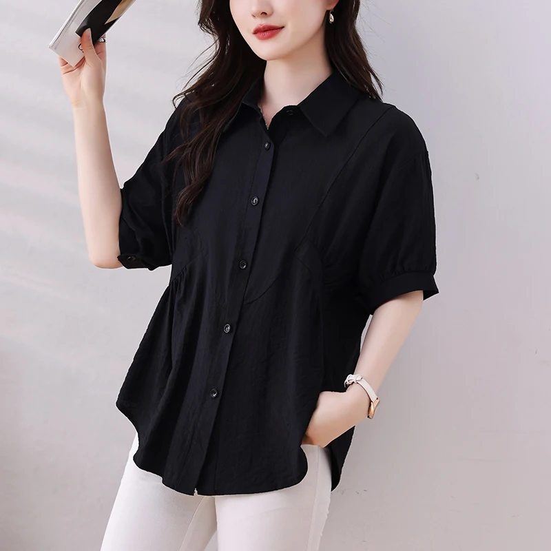 2024 Summer Korean Loose Short Sleeved Black Shirt for Women Chic Fashion Design BF Blouse Ladies Casual Blaus Shirts Tops Mujer