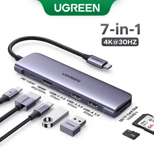 UGREEN USB C HUB 7 en 1 Dock 4K HDMI 100W PD USB-C y 2 puertos de datos USB-A de 5Gbps lector de tarjetas SD/TF para ordenador portátil MacBook Pro/Air Dell