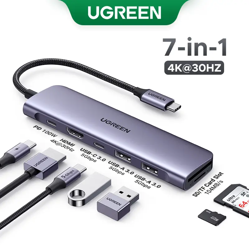 UGREEN USB C HUB 7 in 1 Dock 4K HDMI 100W PD USB-C & 2xUSB-A 5Gbps Data Ports SD/TF Card Reader for Laptop MacBook Pro/Air Dell