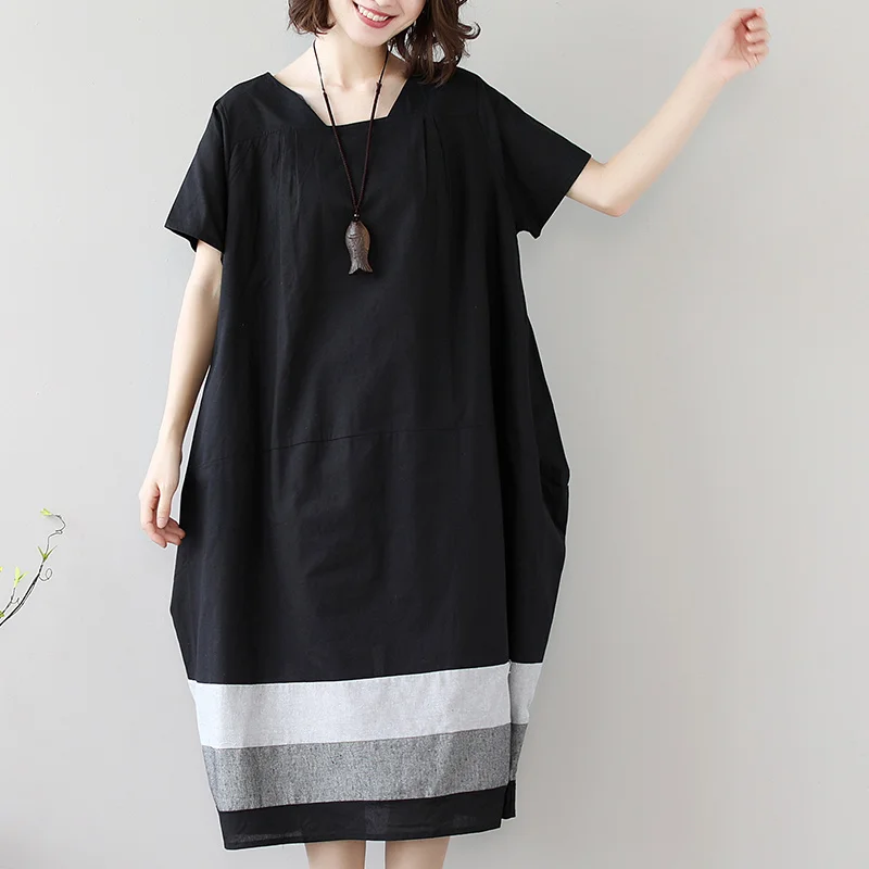 Summer New plus Size Slimming Korean Striped Short Sleeve Square Collar Dress Cotton Linen Loose Midi  Shape Skirt