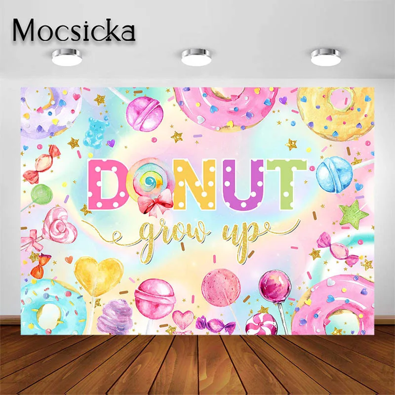 

Mocsicka Donut Backdrop Donut Grow Up Birthday Party Decorations Candy Dessert Girls Photography Background Cake Table Banners