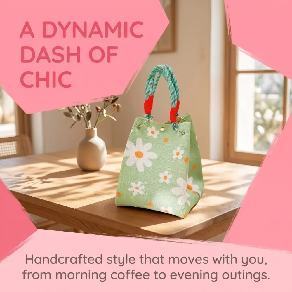 Geometric Colorblock Knitted Bucket Bag Floral Print Large Capacity Crochet Handbag Casual Lightweight Wristlet Purse Girls