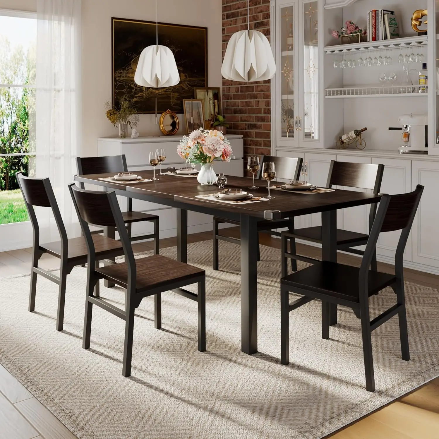 Juego de mesa y sillas de comedor para cocina, Set de mesa extensible con tablero de MDF, Espresso, 4-6, 63 pulgadas, 7 piezas