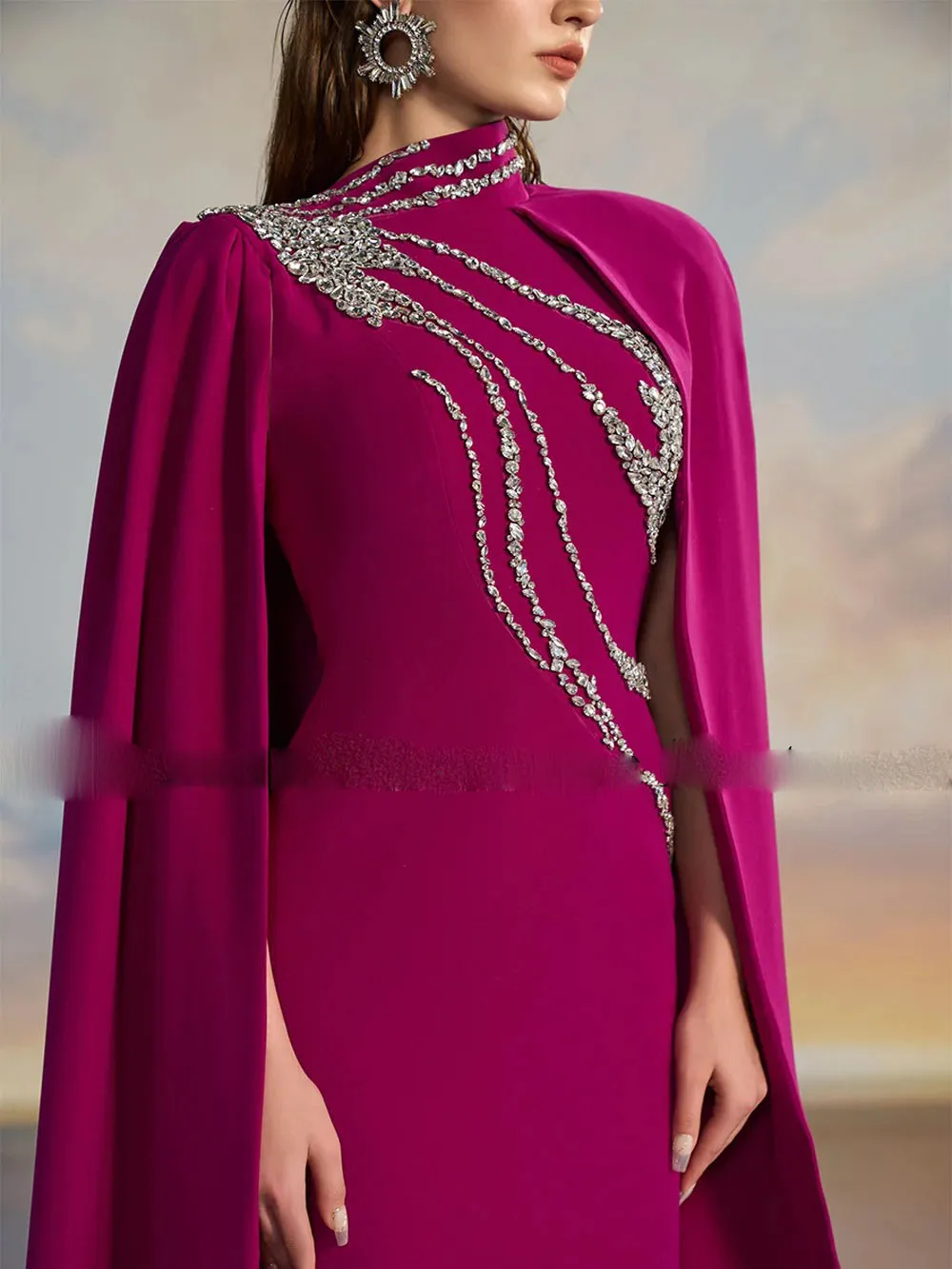 Dancing Prom Dress 2024 High Neck Sleeve Cape Luxury Beadings Stones Straight Floor Length Arabic Evening Dresses forWomanCL-792