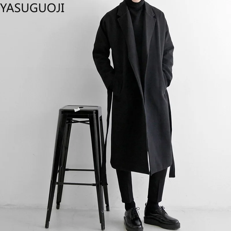 YASUGUOJI Cardigans Blends Coat with Belt Overcoat Male Winter Coat New Black Turn-down Collar Long Coat Men\'s Clothing