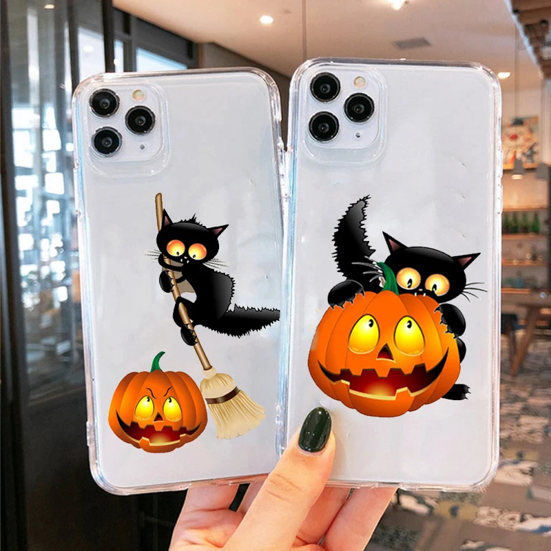 Cartoon Halloween Pumpkin Black Cat Corn Phone Case For iPhone 13 12 11 Pro MAX X XS XR SE2 7 8 Plus Transparent Soft TPU Case