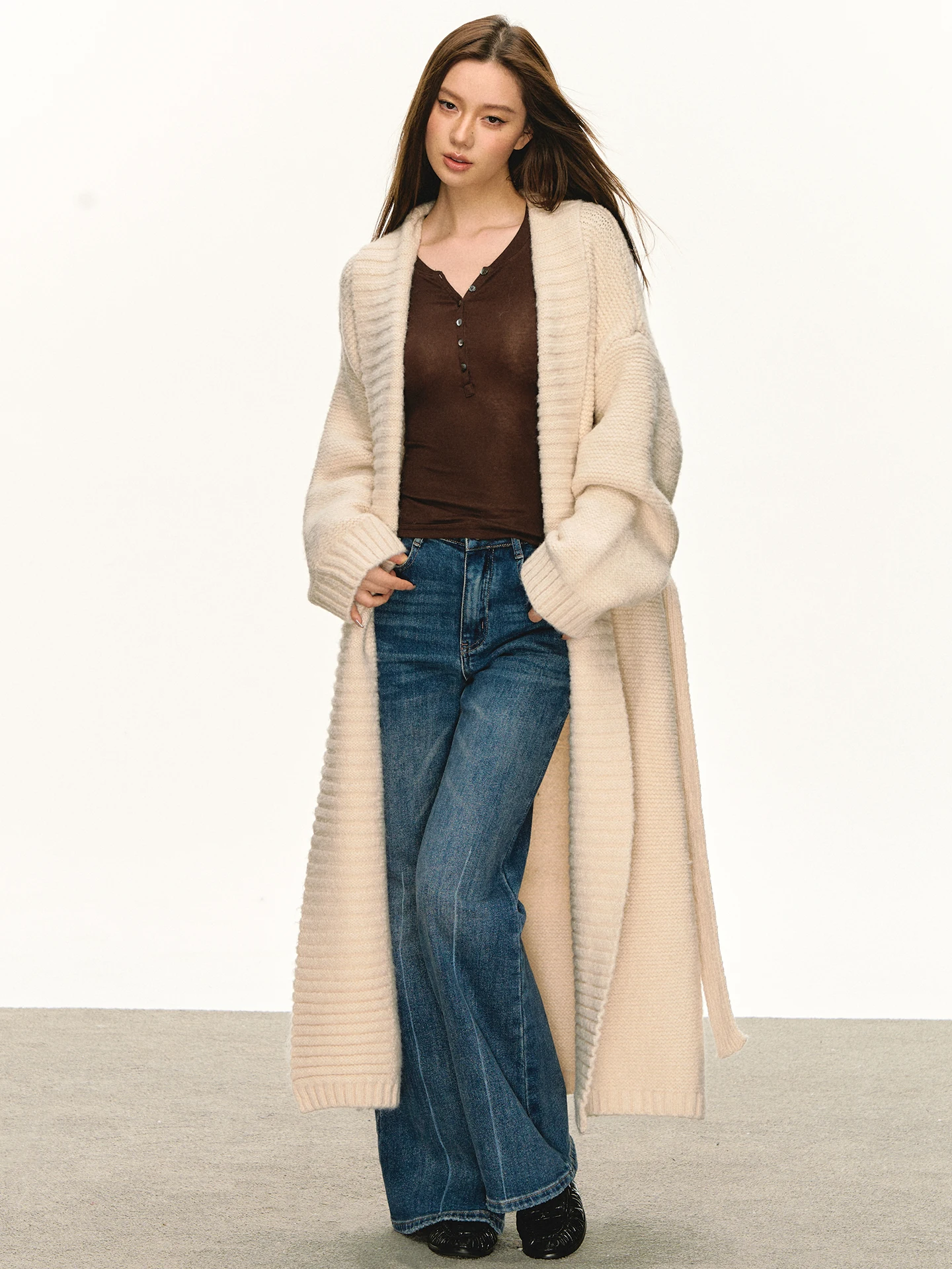 

Anna Aneae Long Sweater Cardigan Women's Autumn Winter Warm Belted Loose Fitting Trendy Top V-ne Single Button Closure