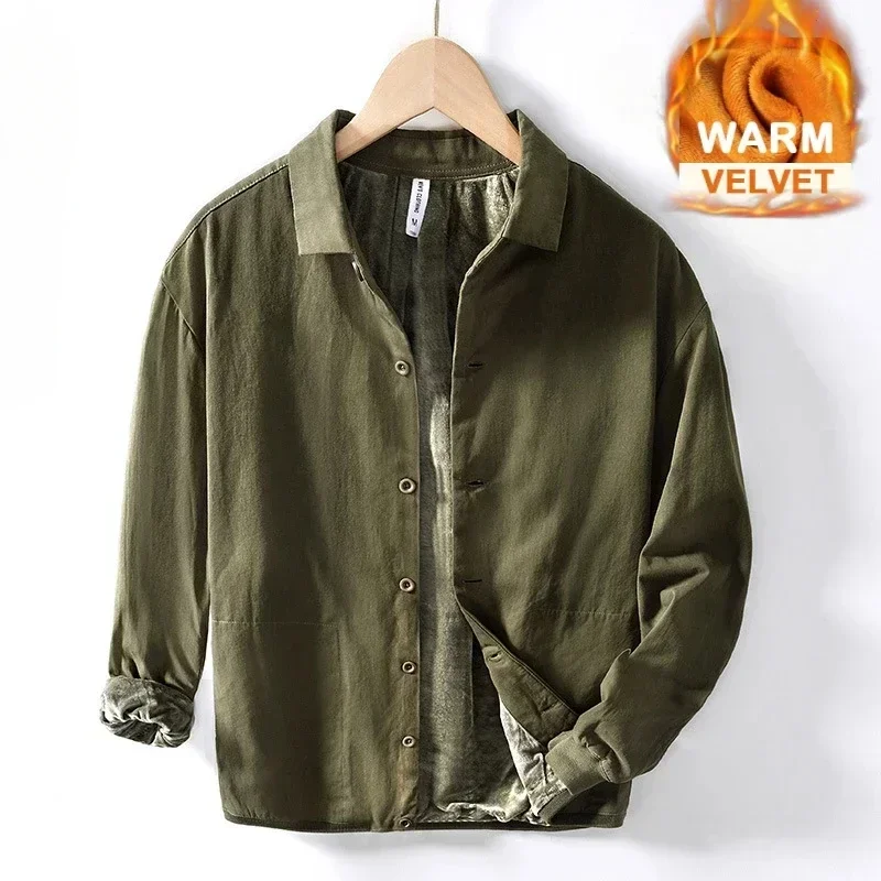 

Autumn Winter New Casual 100% Cotton Thicked Velvet Shirts for Men Clothing Solid Color Keep Warm Baseball Jackets BL129