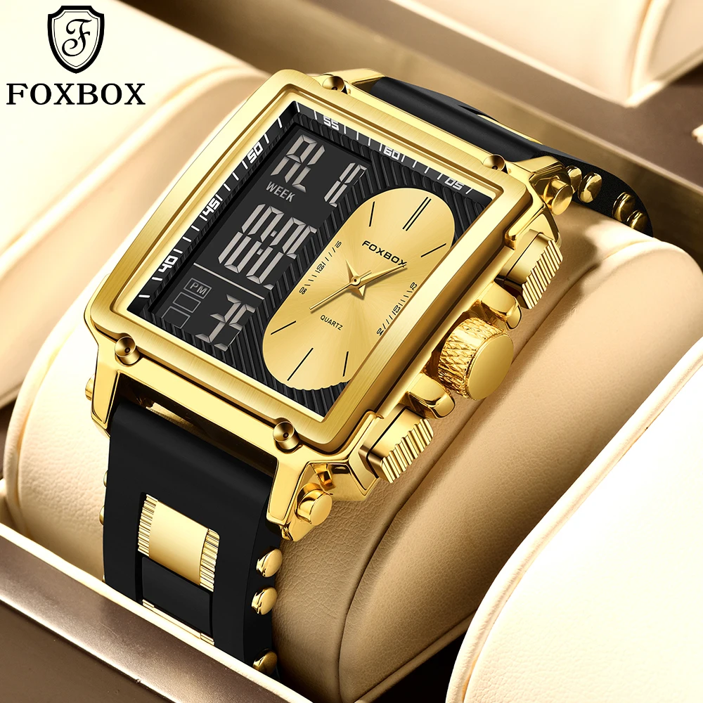 

FOXBOX Brand Luxury Square Digital Watch Men Chronograph Alarm Sports Men's Watches Leather Strap Waterproof Electronic Watch