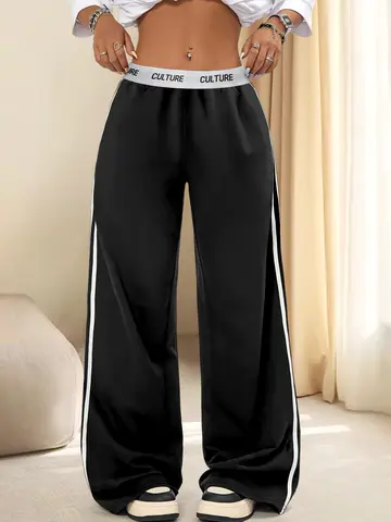 Women's Soft Oversized Wide Leg Pants - Elastic Waist Side Stripe Lounge Trousers