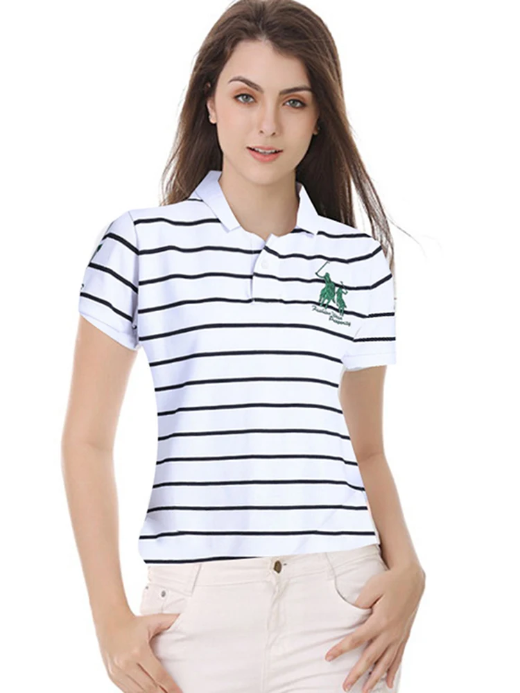 Summer Women\'s 100% Cotton Short-Sleeved Polos Shirt Casual Lapel Striped T Shirt Fashion High-Quality Big Horse Slim Tops Polos