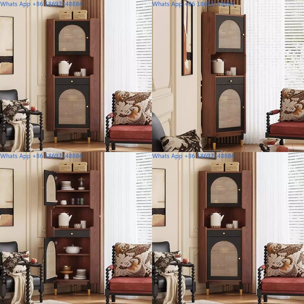 Solid Wood Wicker Corner Cabinet for Living Room Small Space Storage Rustic American Style Display Cupboard Space Saving