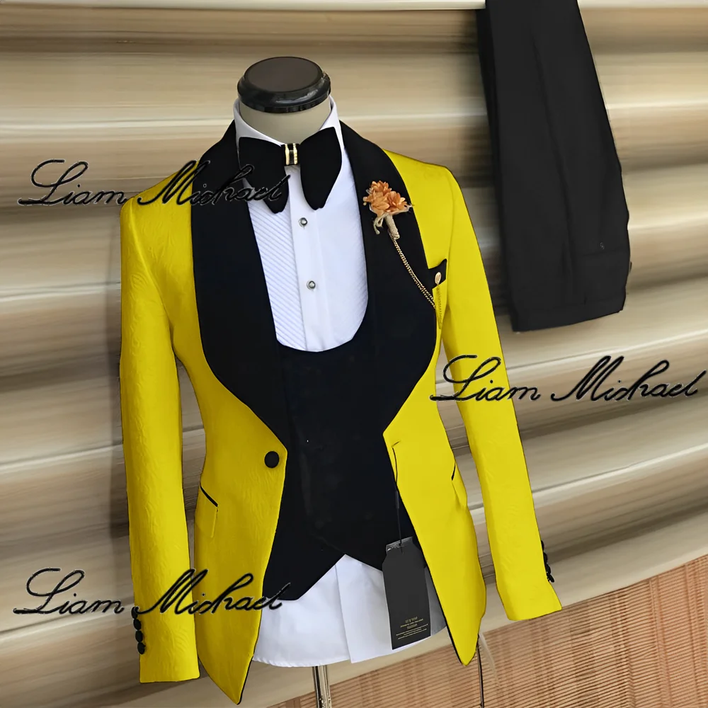 Jacquard Men's Suit 3 Piece Formal Party Dress Groom Wedding Tuxedo (Jacket Pants Vest Bow Tie) Velvet Collar Elegant Suit Men