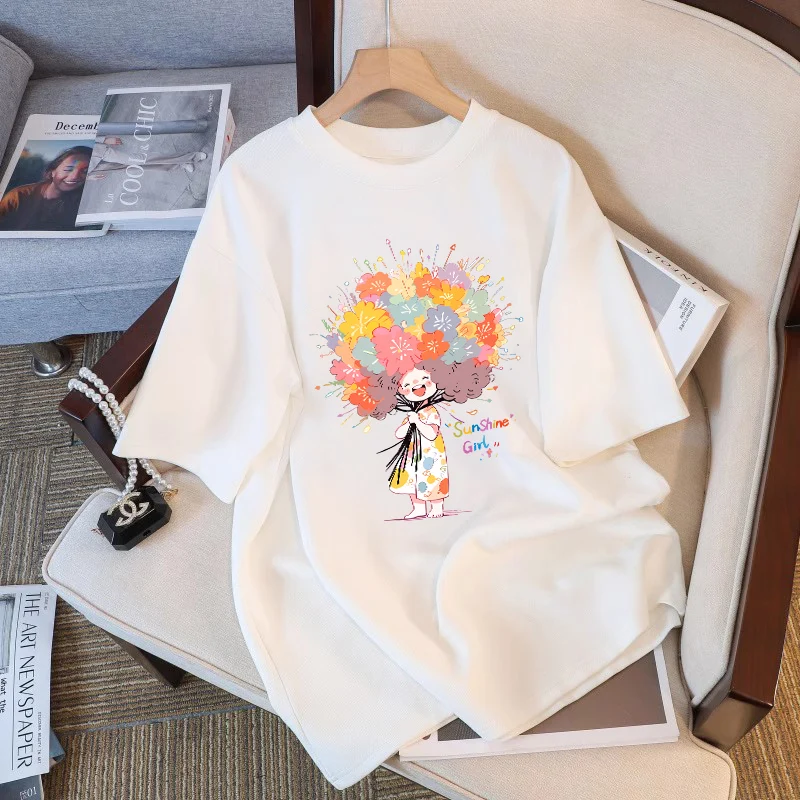 

White Cotton Short-sleeved T-shirt Women's 2024 New Popular Loose Large Size European T-shirt Summer Korean Top Ins