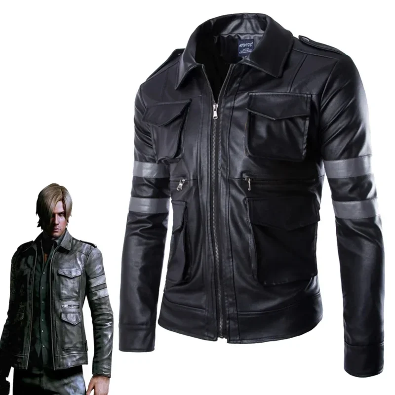 Leon Kennedy cosplay jacket men costume game Resident 4 wherein Fantasia outfits casual PU leather coat man Halloween