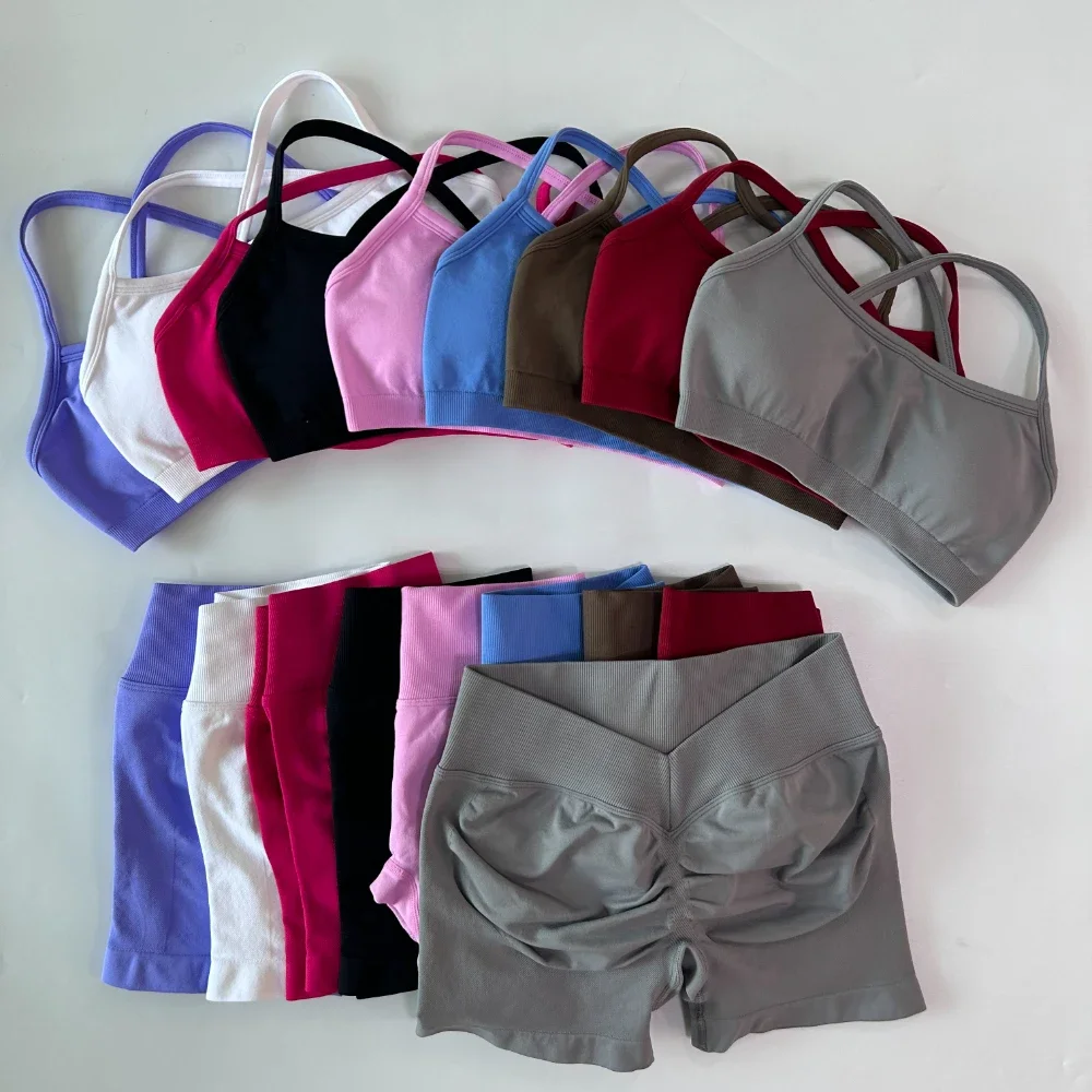 2 Pieces Yoga Set For Women Clothes Seamless Scrunch Yoga Shorts Set Backless ktp Sports Bra Fitness Workout Top Outfits Gym Set