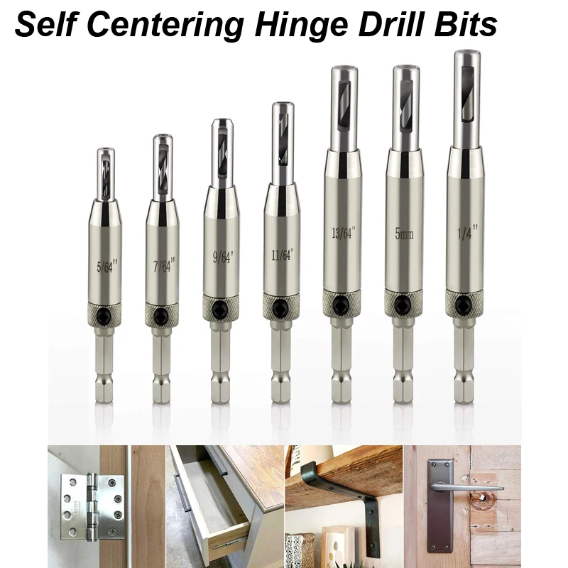 Automatic Center Drill Bit Set Self Centering Hinge Tapper Core Pilot Hole Puncher Woodworking Tool Replacement for Cabinet Door