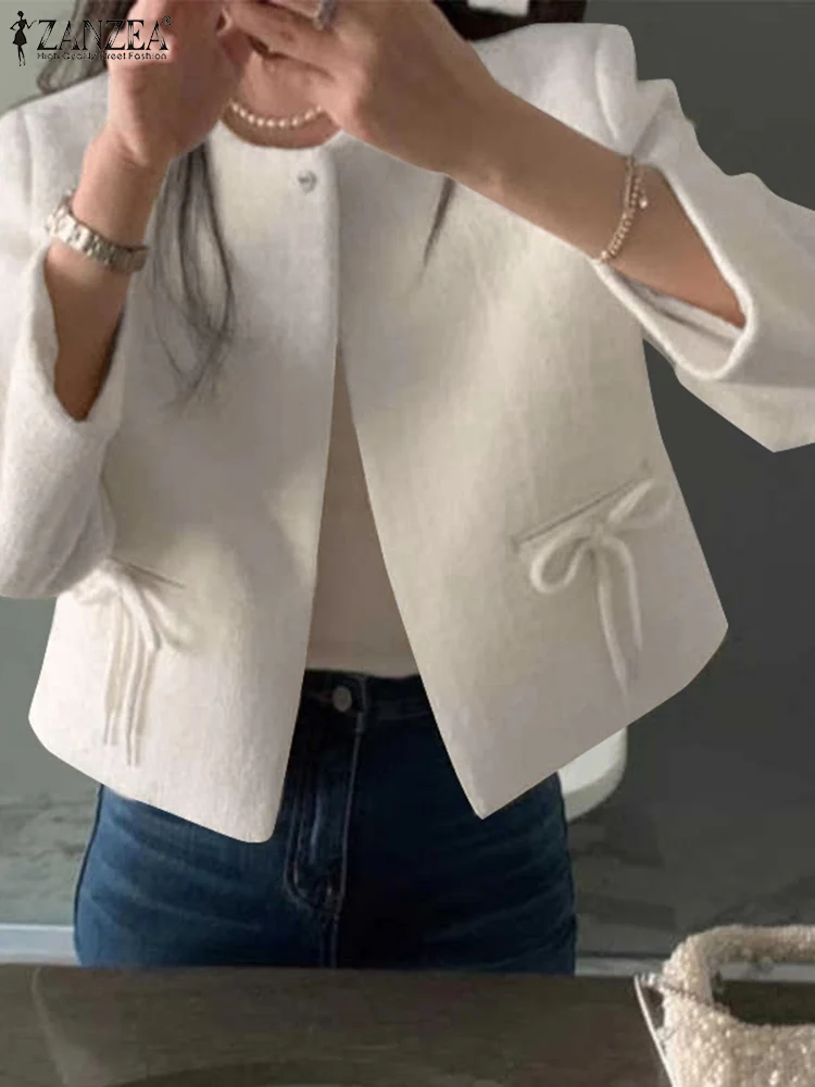 Holiday Textured Fabric Coats ZANZEA Women Elegant Cardigan Fashion Round Neck Tops Outwear 2025 Autumn Bowknot Stitching Tops