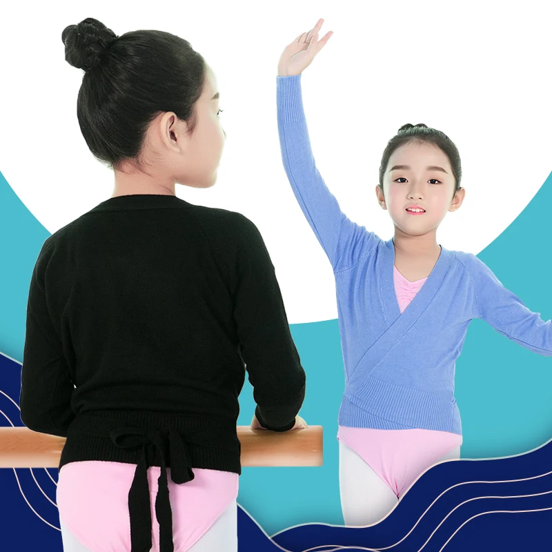 Novo inverno outono quente manga comprida cintura cinto camisola criança meninas crianças ballet dança envoltório cruz tops