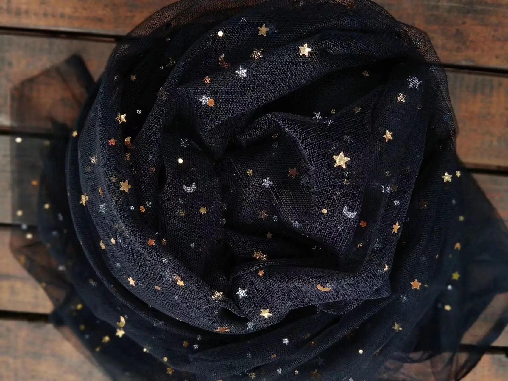 1 Yard Black Sparkle Tulle Lace Fabric with Starts and Moon Sequined for Party Decoration,Sparkling Galaxy Dance Costume