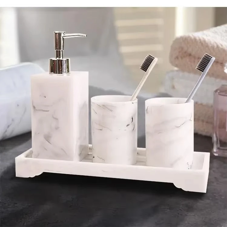 

Bathroom Supplies Marble Texture Resin Accessories with Dispenser Toothbrush Holder Soap Toiletries