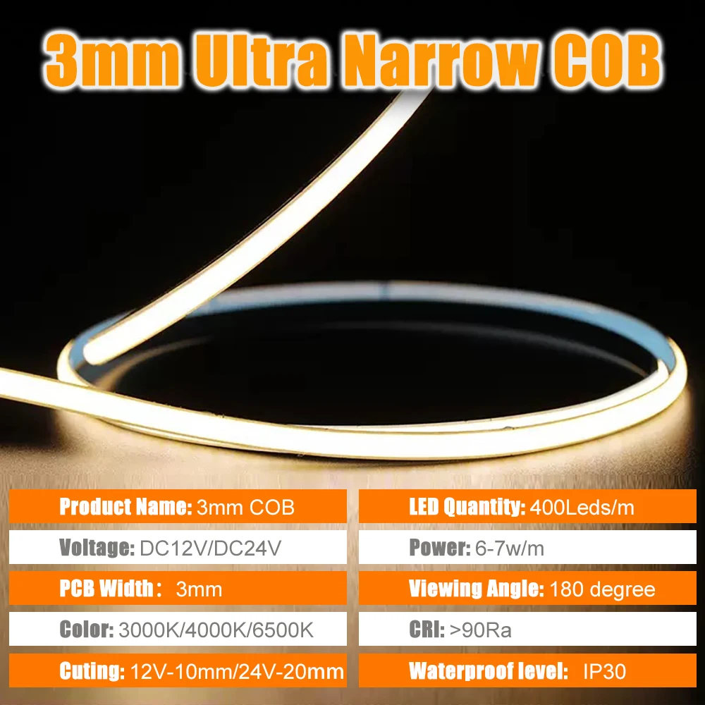 Ultra Thin 3mm COB LED Strip Light High Density Super Slim Flexible Linear Lighting 3000K 4000K 6000K Home Decor DIY DC12V 24V