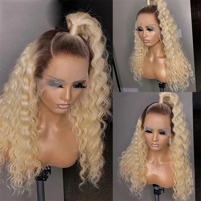 

26"Long Ombre Blond 180%Density Deep Curly Lace Front Wigs For Women With Baby Hair Preplucked Daily Wear Glueless Wigs