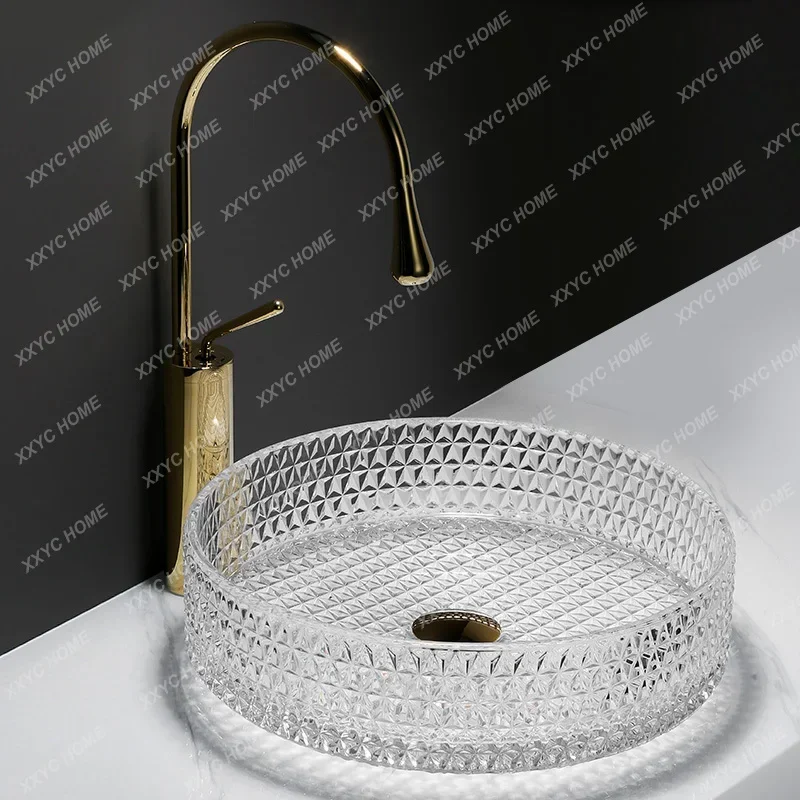 

Wash basin light luxury round glass basin on the table household toilet rectangular washbasin small size basin