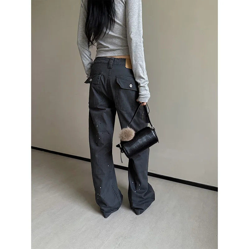 Benuynffy Y2k Low Waist Paint Splash Wide Leg Denim Pants Women 2026 Autumn New American Streetwear Loose Straight Leg Pants