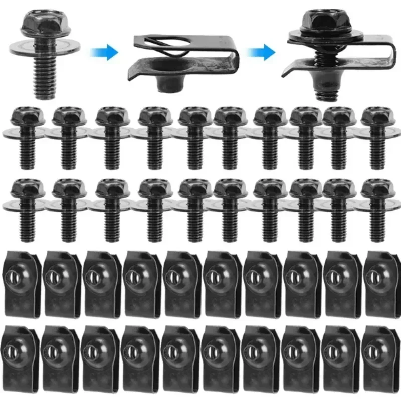 20pcs Car Body Bolts U-nut Clips Engine Cover Undertray Splash Shield Guard Bumper Fender Liner Retainer Fastener Rivet Screws