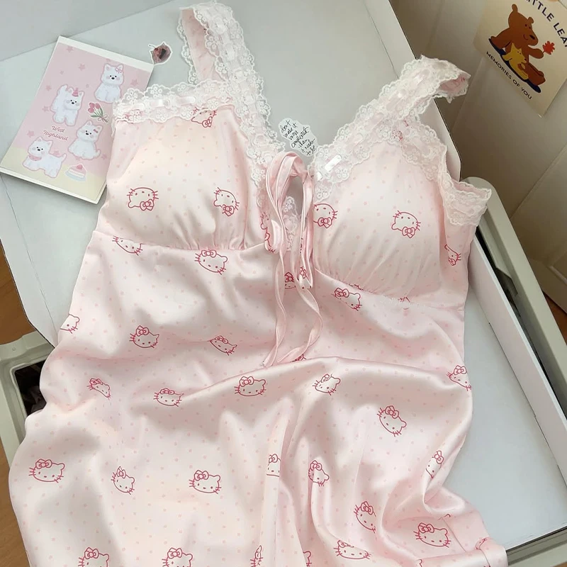 

Cute Hello Kitty Printed Lace Trim Ice Silk Pajama Women's Summer New Style with Chest Mat Strap Sleeping Skirt Home Dress Dress