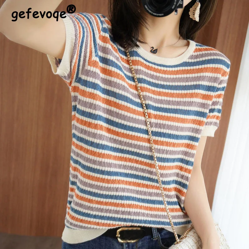 Summer Ice Silk Rainbow Striped Short Sleeve Thin Pullover Top Women Casual Round Neck Slim Chic Sweet All-match Knitted Sweater