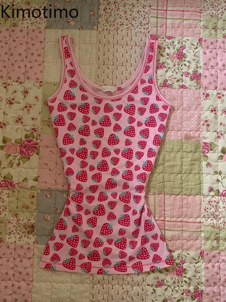 Kimotimo Sweet Strawberry Print Camisole Vest Women Summer Sexy Spicy Girl Slim Outerwear Tanks Y2k Aesthetic Sleeveless Tops