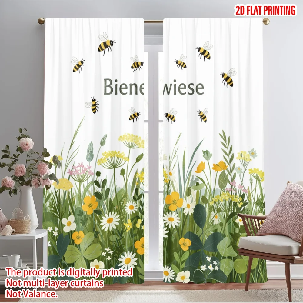 

2pcs 2D flat printing Window Treatment Curtains Bee meadow flowers bees Polyester Without Electricity 0 for All Occasions