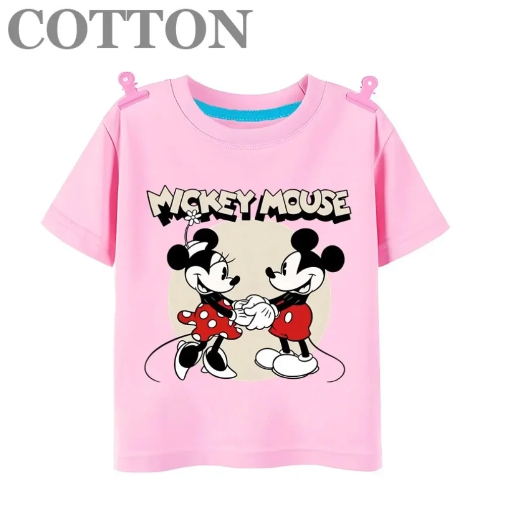 Disney Anime Cute Mickey Mouse and Minnie Summer Fashion Cotton Children's T-shirt Round Neck Short Sleeve Printed Pattern