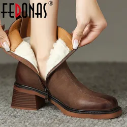 FEDONAS Classic Women Snow Ankle Boots Thick Heels Office Ladies Casual Winter Warm Thick Plush Genuine Leather Shoes Woman